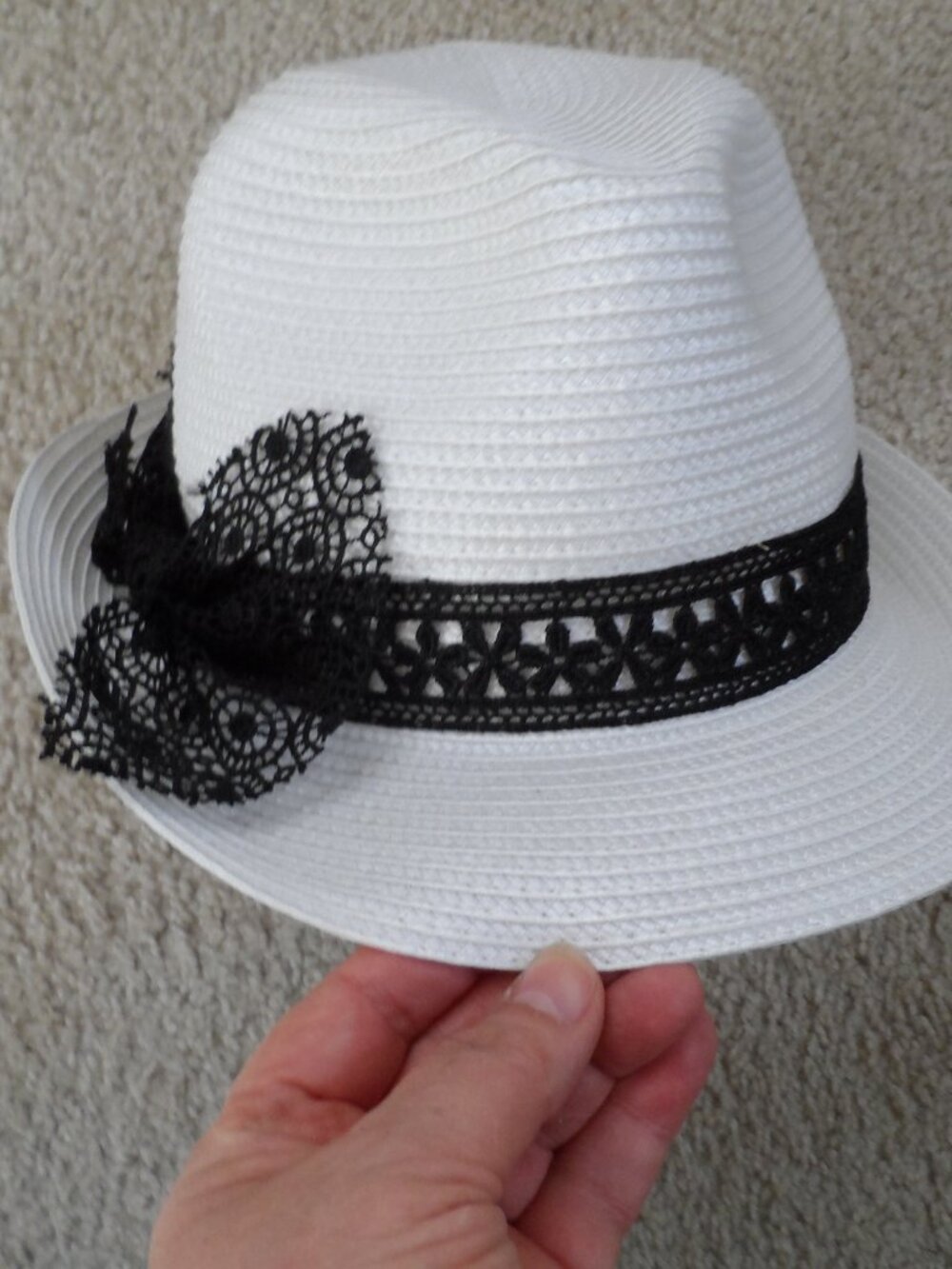 Mgid - white straw trilby hat with black band accented with delicate floral